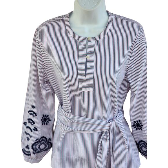 J.Crew Red Blue Striped Embroidered Wrap Tunic Blouse S Preppy Coastal Work Top - Picture 3 of 7